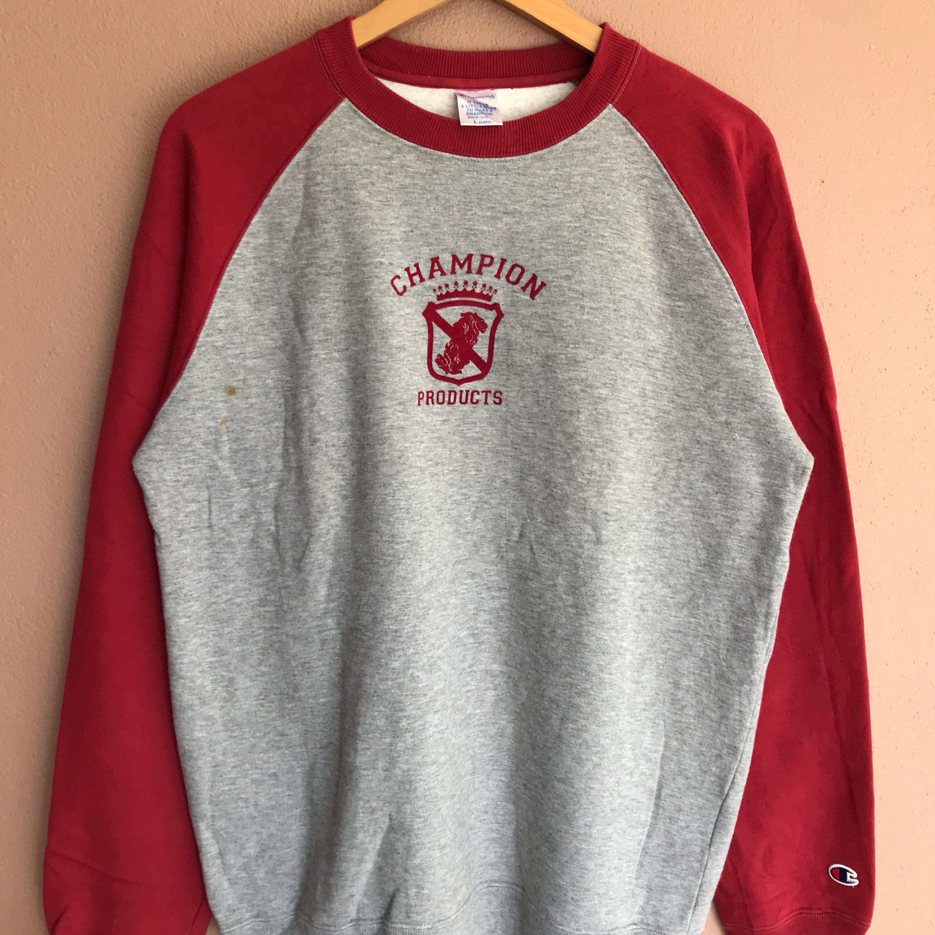 Large, Vintage Champion Raglan Sweatshirt Grey and Red Crewneck