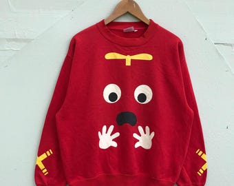 Vintage Gachapin-sweater uit de jaren 90, trui met zeldzame Japanse kawaii-personage, rode ronde hals