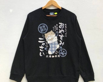 Vintage Necobuchi-San Sweatshirt Japanese Anime Crewneck Sweatshirt Black Big Logo Animal