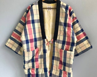 Kimono japonés vintage, bata colorida a cuadros, prenda tradicional asiática, estilo bohemio chic (XL)