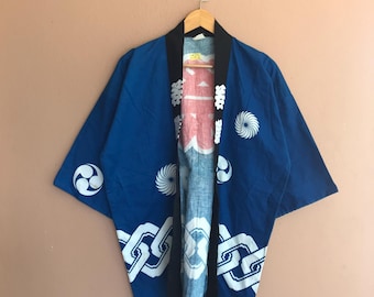 Kimono corto vintage con logo de hechizo grande, túnica tipo kimono azul y blanco, chaqueta tipo cárdigan voladora
