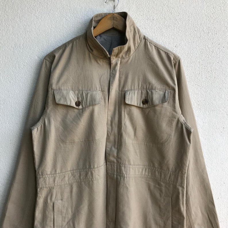 Vintage quiksilver tactical jacket khaki cotton parka hidden hoodie jacket button up image 3