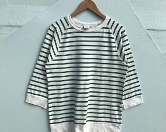 Maglia in cotone a righe Vintage Quotidien Paris, Marinière minimalista francese a maniche 3/4, classica camicia bretone verde e bianca, prodotta in Francia
