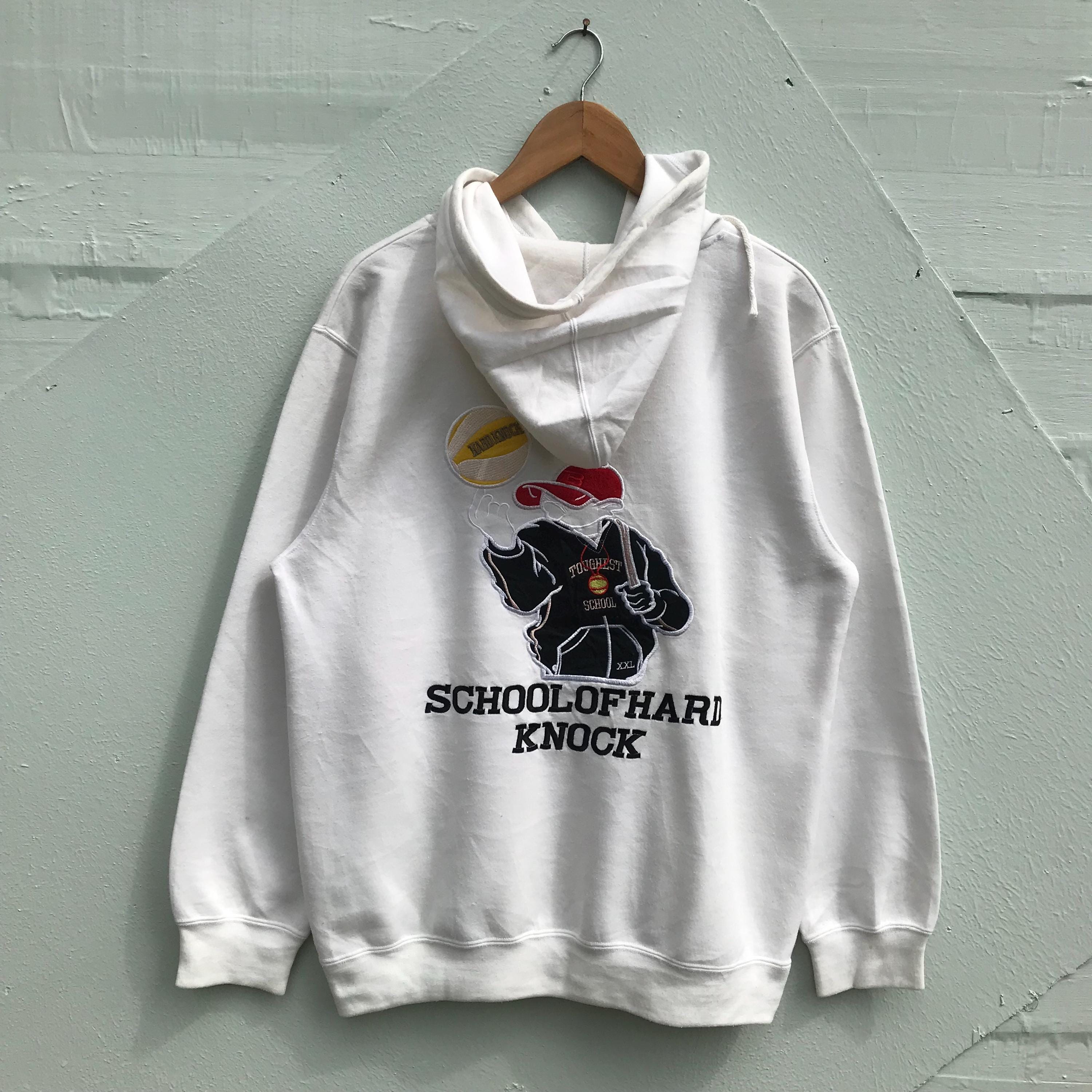 Large, Vintage School of Hard Knocks Hoodie, 90s White Embroidered