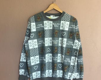 Vintage Bear Graphic Crewneck Sweater, Full Art Print, Size Large
