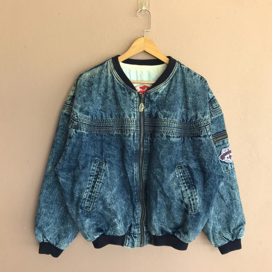 Medium, Vintage 90s Acid Wash Denim Bomber Jacket, Made in Europe