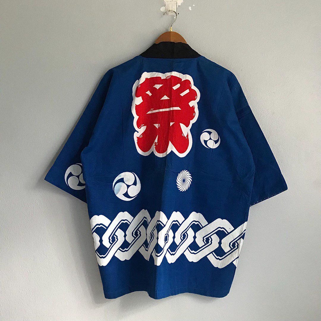 Vintage Short Kimono Big Spell Logo Blue White Kimono Robes