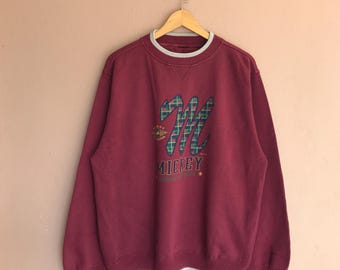Large, Vintage 90s Disney Mickey Unlimited Maroon Crewneck Sweatshirt, Big Cotton Blend Sweater, Authentic & Original Mickey Mouse Pullover