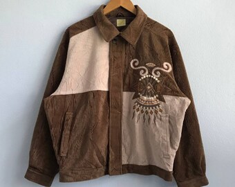 Vintage Corduroy Bomber Jacket Retro Fashion Statement Outerwear, Classic 90s Style Hipster Clothing  Coat Size M