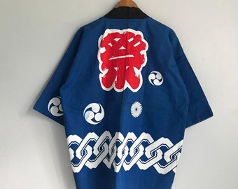 Vintage short kimono big spell logo blue white kimono robes flying cardigan jacket