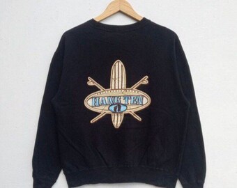 vintage Sweat-shirt Hang Ten Pull noir style surf rétro Pull noir brodé à col rond