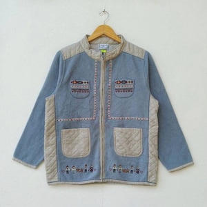 Chaqueta de lana polar vintage L&#39;Emission con diseño de souvenirs, moderna, multibolsillos y cremallera, talla mediana.