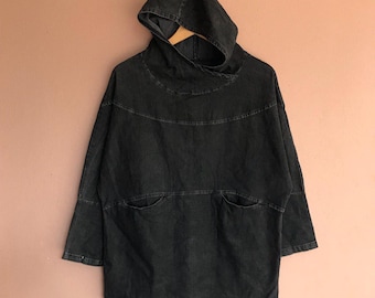 M, Casual Streetwear Cotton Blend Pullover Sweater in Black Retro Urban Fashion Denim Cotton Hoodie
