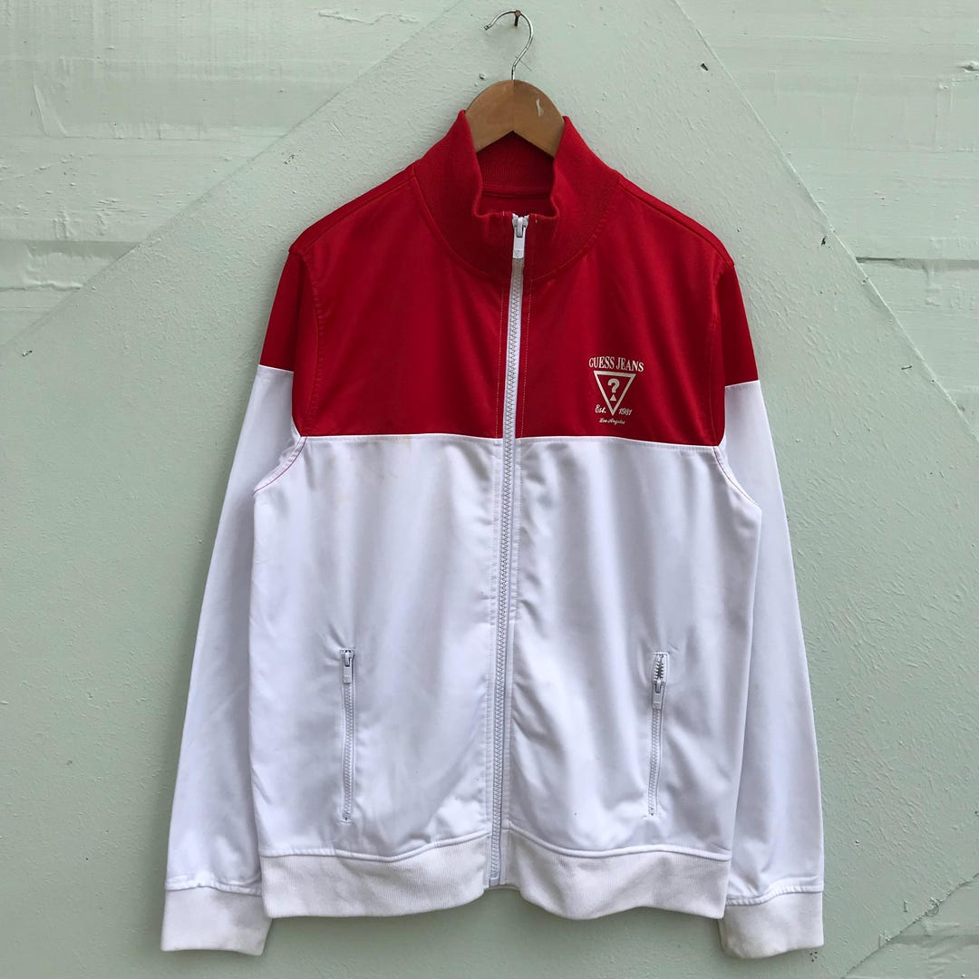 Large, Vintage 90s Guess Jeans Track Jacket, Red White Zip-up
