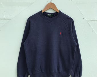Felpa vintage Polo Ralph Lauren blu navy con scollo rotondo, stile streetwear anni '90 Y2K, con piccolo logo