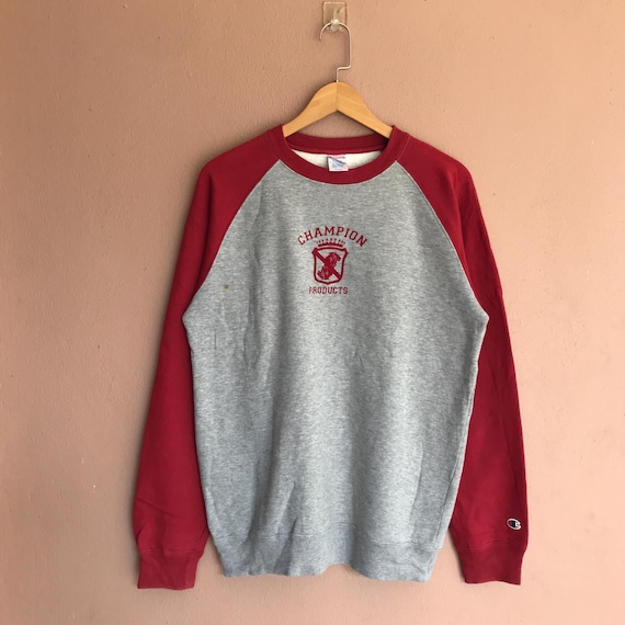 Large, Vintage Champion Raglan Sweatshirt Grey and Red Crewneck