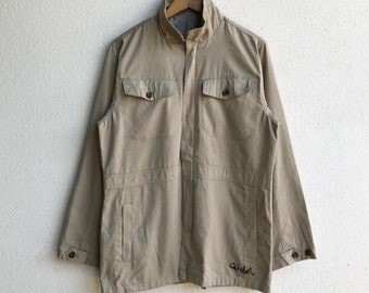 Vintage quiksilver tactical jacket khaki cotton parka hidden hoodie jacket button up