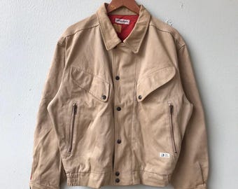 Giacca vintage Helly Hansen in tela beige con fodera rossa, stile da lavoro da uomo, tasche con bottoni e cerniera, taglia Large