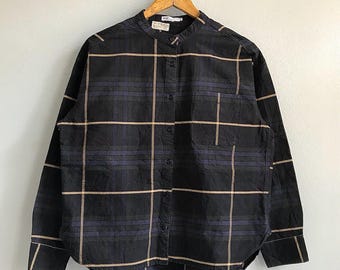 Camisa holgada de cuadros azul marino para mujer, camisa de cuadros extragrande, blusa informal con botones, camisa holgada de otoño, camisa de cuadros vintage