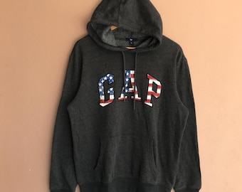 Medium , Vintage GAP Hoodie Dark Gray USA Flag Letters, Retro 90s