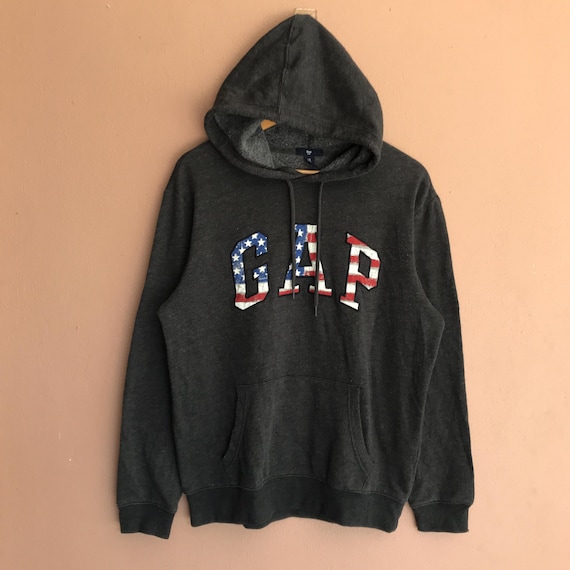 Medium , Vintage GAP Hoodie Dark Gray USA Flag Letters, Retro 90s