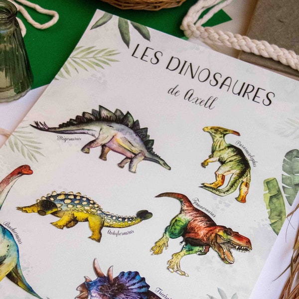 Grand Poster de 6 Dinosaures à personnaliser AQUARELLE