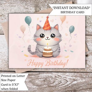 Kawaii Kitten Birthday Card | Printable Happy Birthday Card for Kids, Friends, Cat Lovers Birthday Card |  Digital | Instant | Download