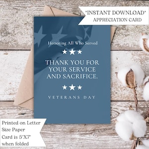 Veterans Day Thank You Card | Honoring All Who Served | Honoring Service and Sacrifice | Instant Download | Veteran Appreciation Gift