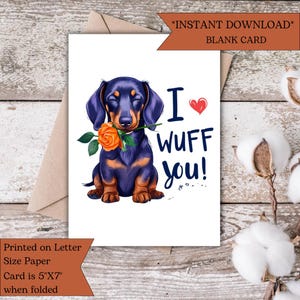 印刷可能な「I Wuff You」カード | バラと可愛いダックスフントの愛のカード | ペットのバレンタインや記念日に使える面白いカード – カップル向けデジタルダウンロード