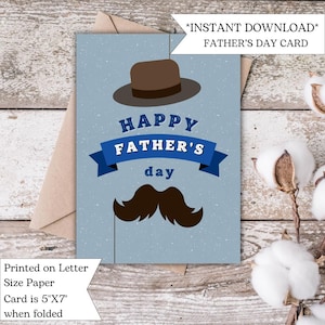 Vintage Hut und Schnurrbart Design | Karte zum Vatertag | Druckbare digitale Karte für Papa von Sohn oder Tochter | Klassische Vatertagskarte