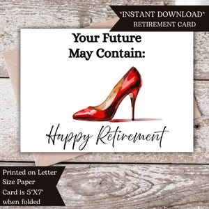 Biglietto di auguri divertente per il pensionamento / Biglietto di auguri di buon pensionamento stampabile per collega / Tacco alto / Per lei / Regalo di pensionamento / Download immediato / Digitale