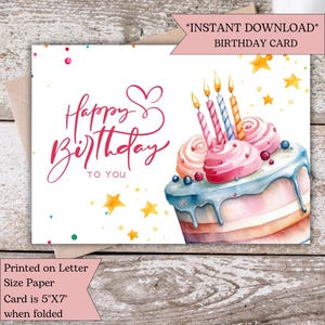 Watercolor Birthday Card Printable | Happy Birthday Cake with Candles and Stars | Digital | Instant | Download | Birthday Cake
