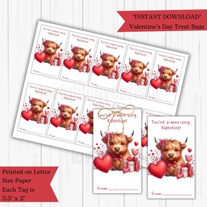 Highland Cow Valentine&#39;s Day Tags|Classroom Valentine&#39;s Day Cards for Kids|Valentine&#39;s Day Gift Tags|Instant Download