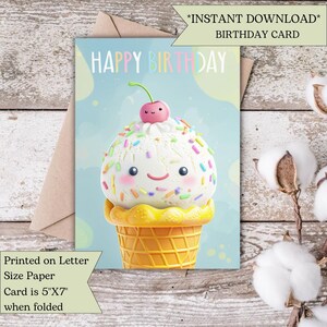 Printable Cute Ice Cream Birthday Card | Kawaii Cone with Sprinkles | Instant Download for Kids or Sweet Celebration | Digital Greeting Card