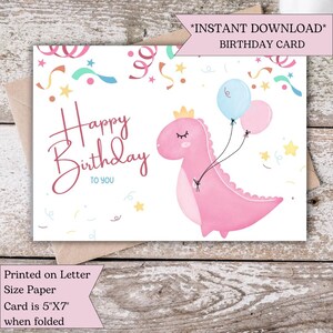 Cartão de aniversário de dinossauro rosa para meninas | Cartão de felicitações exclusivo e divertido | Cartão de feliz aniversário para imprimir | Cartão de aniversário fofo para imprimir