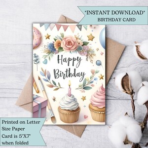 Aquarel gelukkige verjaardagskaart | Gebloemde cupcakegroet | Fijne verjaardag | Digitaal | Downloaden | Afdrukbaar | Elegante verjaardagswensen