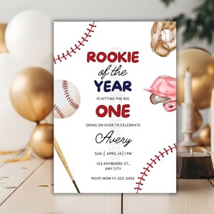 Baseball Birthday Invitation|Editable Rookie of the Year Party Invite|Navy Blue Red Slugger Design for Boy’s Ball Game|Editable Card Design