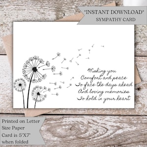 Printable Sympathy Card, Comfort and Peace Condolence Card, Dandelion Grief Card, Condolences Card, Simple Sympathy Card, Condolence Gift