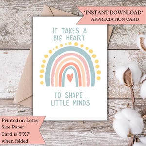 Pastel Rainbow Thank You Card | It Takes a Big Heart to Shape Little Minds | Thank You Card for Teacher | End of Year Teacher Card