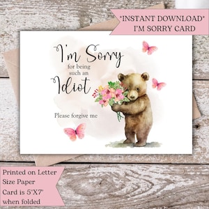 I&#39;m Sorry Card Funny Bear | Apology Card for Her or Him | Cute I&#39;m Sorry Printable Card | Please Forgive Me Digital Download Card | Instant