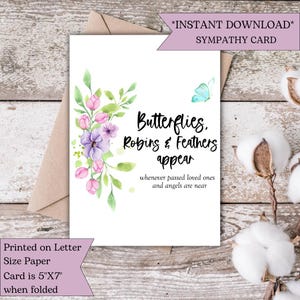 Butterflies Robins Feathers Memorial Card | Passed Loved One Sign | Angel Sign from Heaven | Sympathy Printable | Floral Sympathy Card