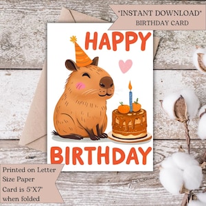 Cartão de aniversário engraçado de capivara | Chapéu de festa de animal fofo para imprimir | Cartão de aniversário de amigos | Cartão de felicitações exclusivo e divertido | Cartão infantil ou adulto