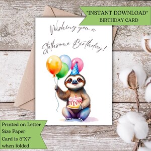 Sloth Birthday Card for Kids Birthday-Printable Sloth Birthday Card-Birthday Card with Sloth-For Girl-For Boy-Instant-Digital Download