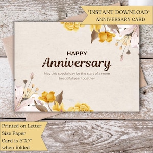 Tarjeta de aniversario con flores amarillas en acuarela / Imprimible para aniversario de bodas / Tarjeta de amor para él, para ella y para parejas / Feliz aniversario