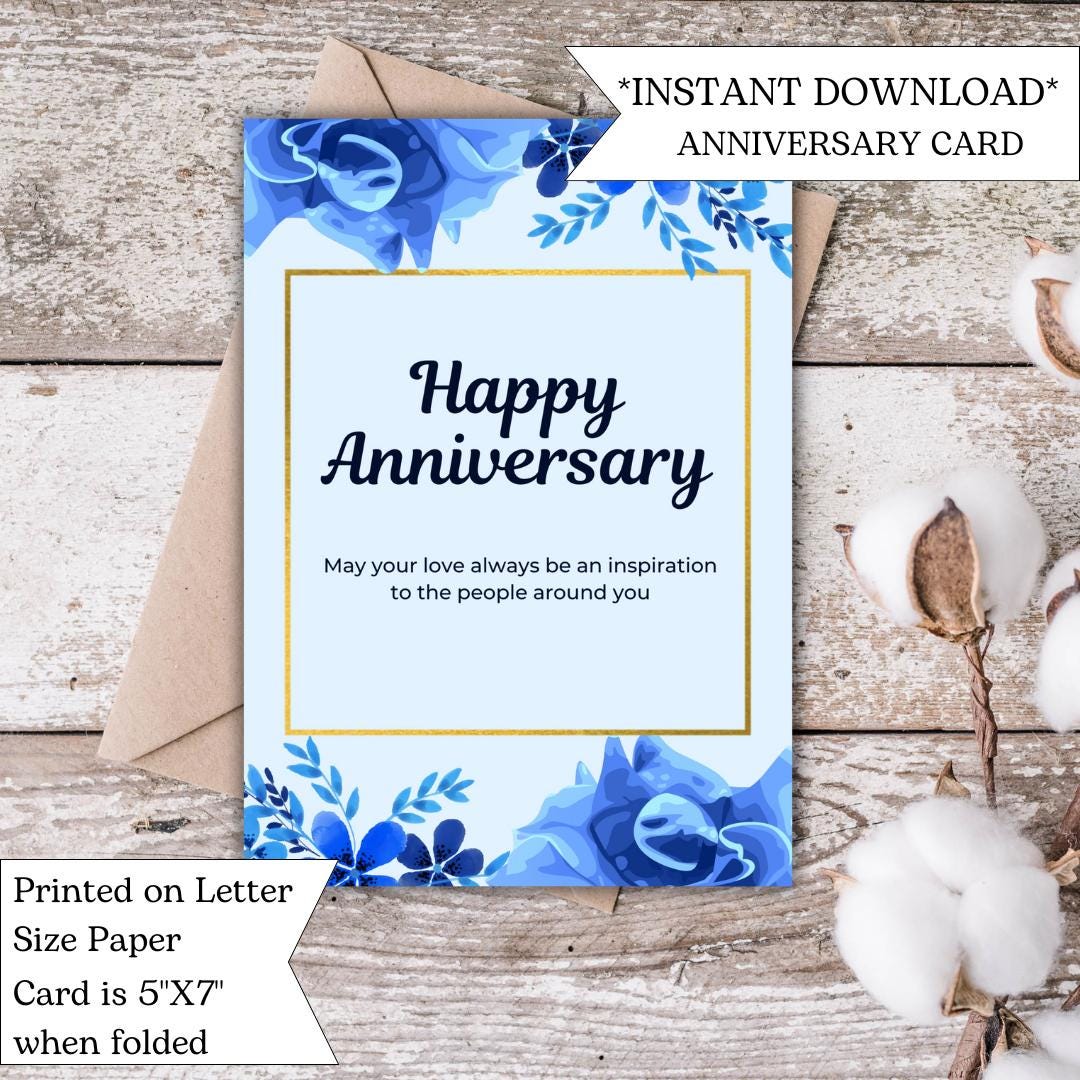 Printable Blue Floral Anniversary Card | Romantic Card for Spouse or ...