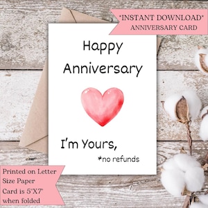 No Refunds Anniversary Card for Wife - Funny Anniversary Card for Husband Printable - First Anniversary Card-Instant - Digital Download