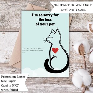 carte commémorative de chat | Carte commémorative imprimable pour animal de compagnie | Désolé pour votre perte | de sympathie pour la perte d'un animal de compagnie | Carte de deuil pour animal de compagnie | Numérique | Instantané