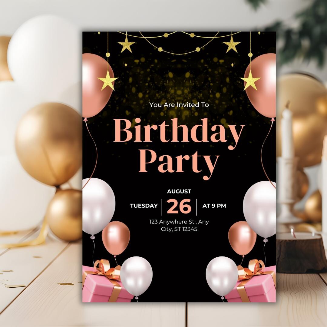 Editable Black and Gold Birthday Invitation Template | Rose Gold ...
