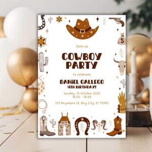 Editable Cowboy Birthday Invitation | Wild West Rodeo Party Invite Template for Kids&#39; Parties & Celebrations | Printable Party Invite
