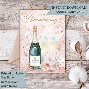 Elegante tarjeta de aniversario en rosa ruborizado / Tarjeta de aniversario de bodas imprimible / Tarjeta de amor para él, para ella y para parejas / Tarjeta digital romántica imprimible